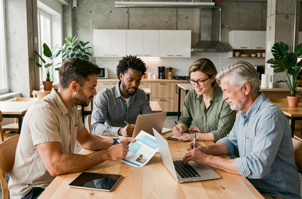 Groupe de salariés discutant des aides au logement proposées par l'employeur autour d'une table dans un espace de travail collaboratif moderne